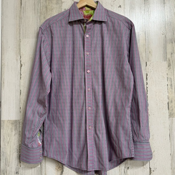 Robert Graham Button Down Floral Flip Cuff Shirt Grey Pink Stripes Size L - Picture 1 of 10